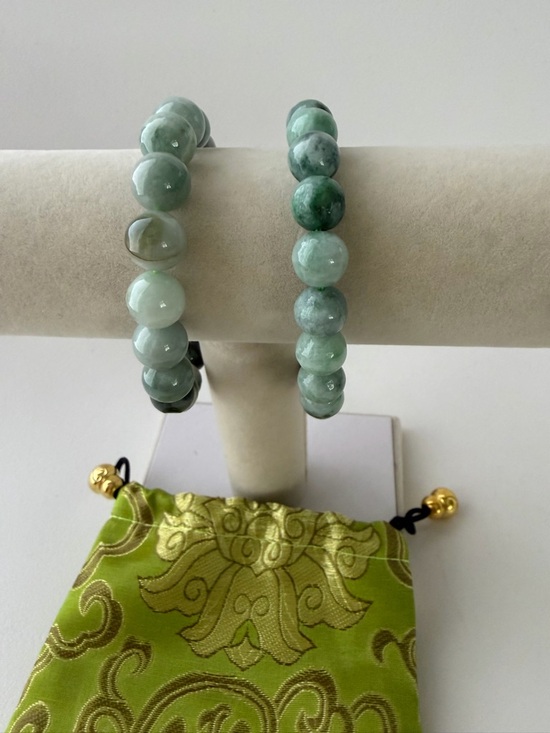 Authentic 2 Pieces Icy Floating Green Jade Beaded Bracelets - Picture 4 of 12